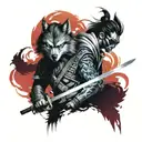 Wolf and Demon samurai with sword tattoo design idea