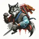 Wolf and Demon samurai with sword tattoo design idea