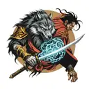 Wolf and Demon samurai with sword tattoo design idea
