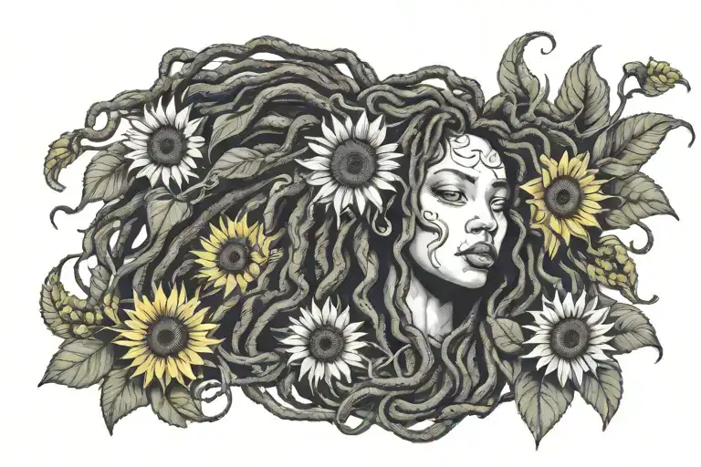 African American Medusa with locs and sunflowers growing tattoo design idea