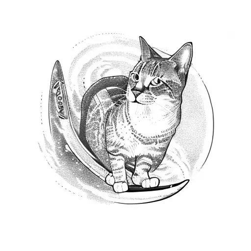 A dotwork tattoo of a cat riding a surfboard with the words 'adventure awaits' in a poetic script tattoo design idea