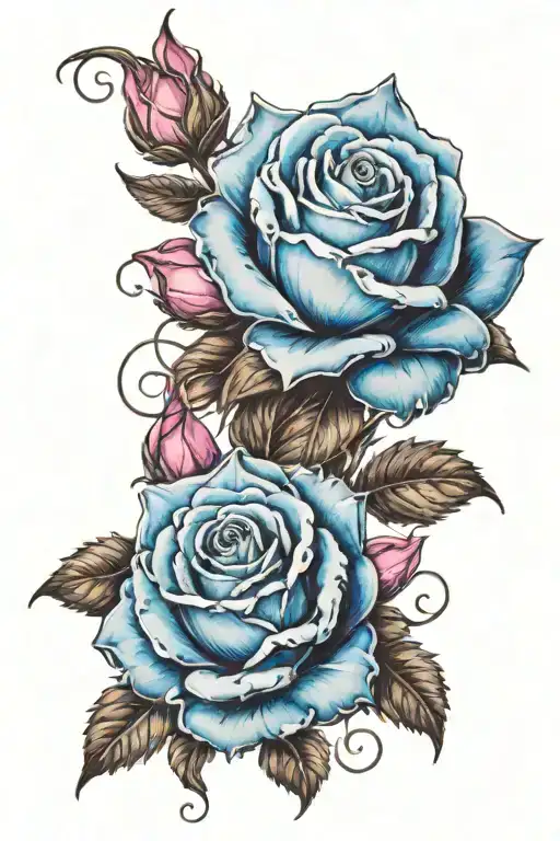 two blue roses and a pink rose intertwined tattoo design idea