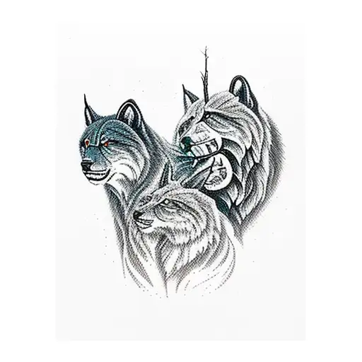 lynx and grizzly bear, river or lake with lots of forest/trees and a tent black and tattoo design idea