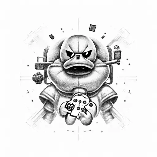 A black and grey portrait of Ness surrounded by iconic video game symbols tattoo design idea
