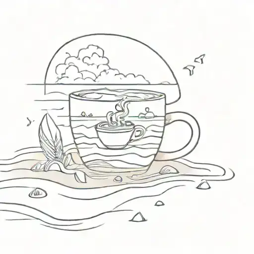 A beach scene with a coffee mug and a React.js logo carved into the sand tattoo design idea