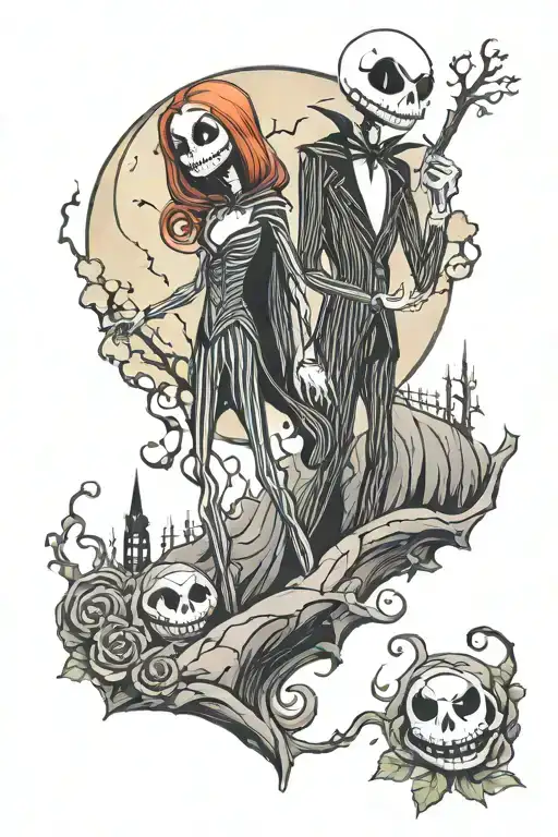 jack skellington and sally on the graveyard hill tattoo design idea