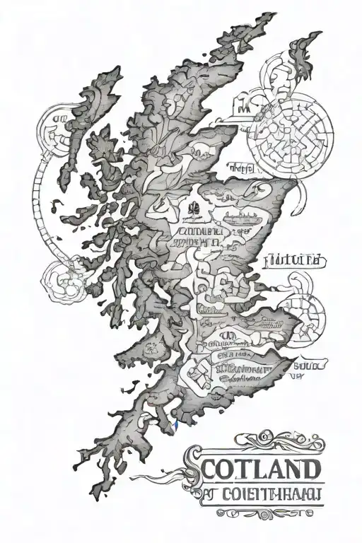 Full sleeve tattoo inspired by scotland, include elements from the film braveheart, a map of scotland & Buchanan tartan tattoo design idea