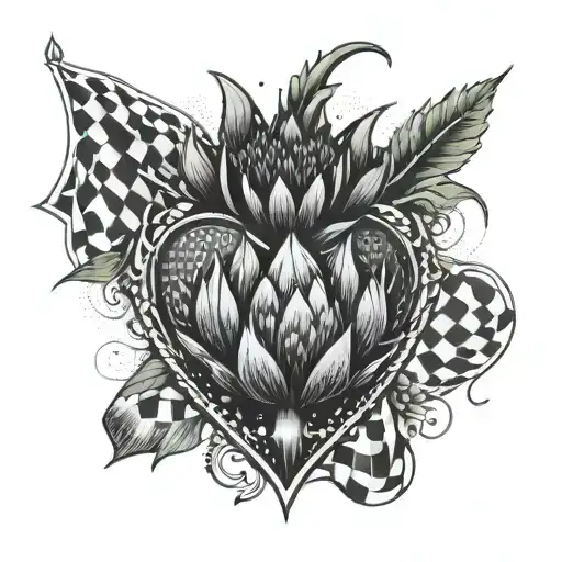 A tattoo of a heart-shaped thistle surrounded by racing flags and checkered patterns, symbolizing your passion for Heart of Midlothian FC and F1 racing tattoo design idea