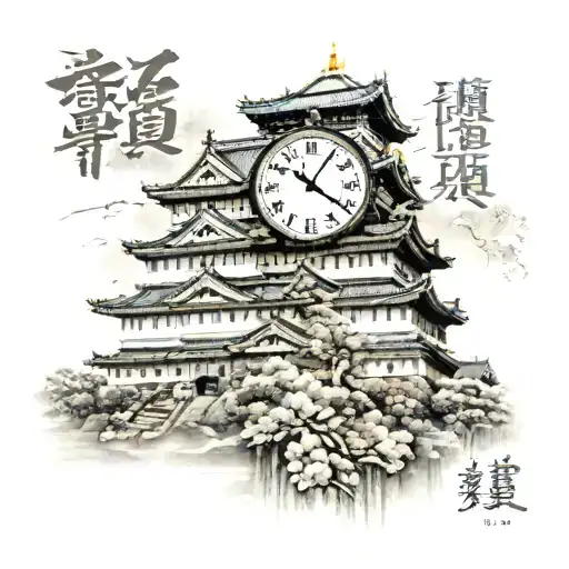 Osaka Castle with a clock faded into bottom foreground with a time of 5:49 displayed. Under that the date shows 1/3/24 tattoo design idea