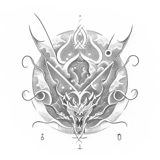 A dotwork tattoo of a dragon curled around a mathematical equation, with serene landscapes and a cup of coffee incorporated in the background, representing your passions for math, dragons, and calm places. tattoo design idea