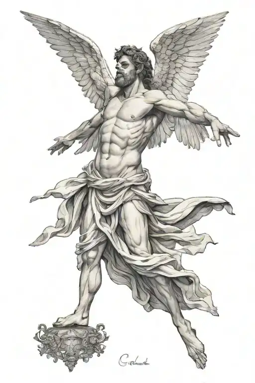 greek god wings spread wide Holding swoard tattoo design idea