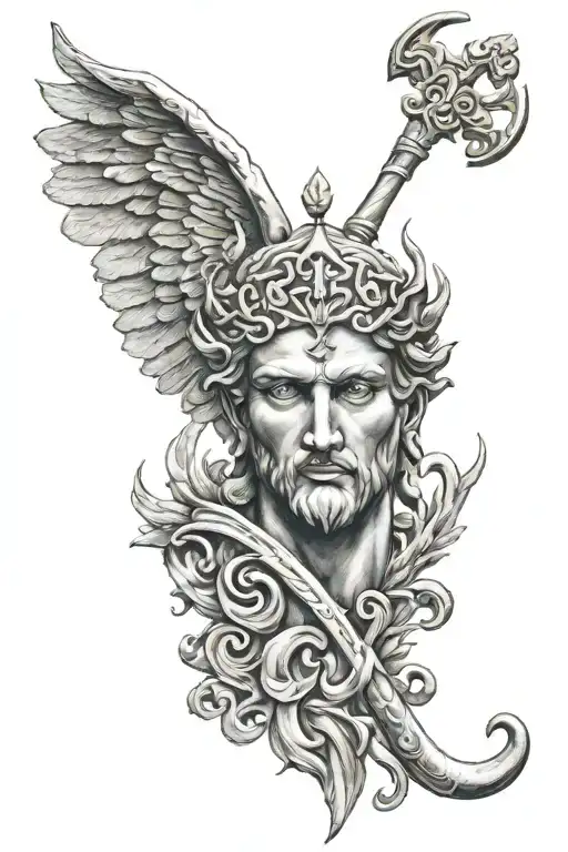greek god wings trident piercing tattoo design idea