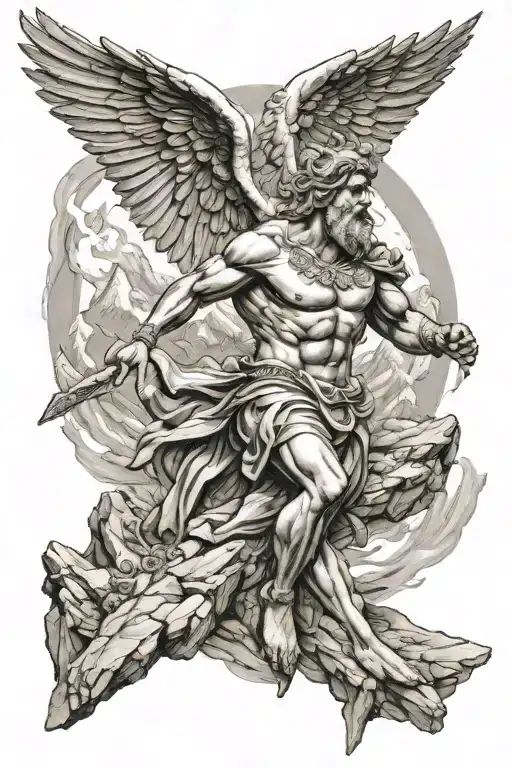 greek god wings spread wide mountain peak tattoo design idea