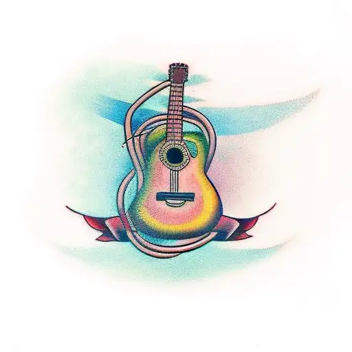 A traditional tattoo featuring a guitar and a skateboard tattoo design idea