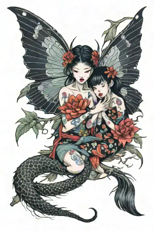 spooky lesbian swamp fairies tattoo design idea