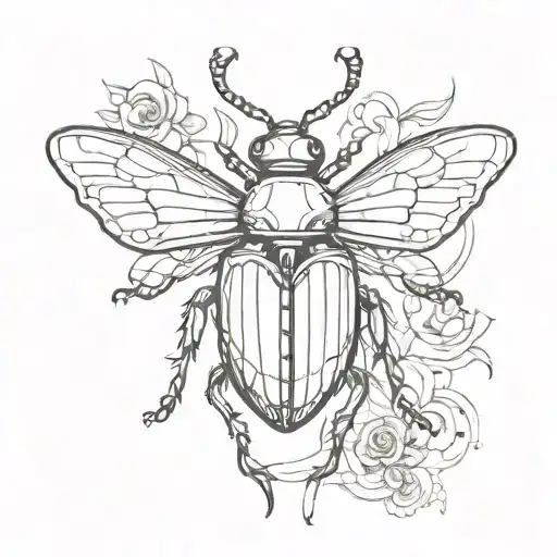 A sketch style tattoo of a beetle with wings spread out, resembling a beautiful butterfly, representing transformation and metamorphosis tattoo design idea