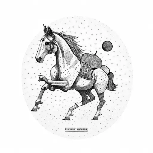 A horse galloping through a field of cacti with a Travis Scott album cover in the sky tattoo design idea