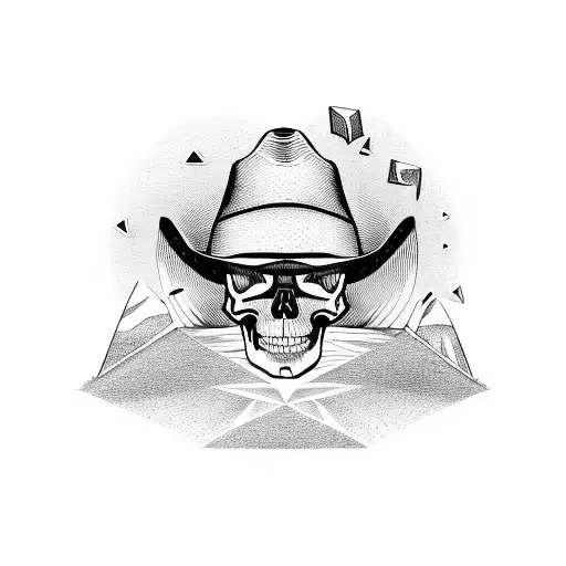 A skull wearing a cowboy hat and playing a guitar in front of a pyramid tattoo design idea