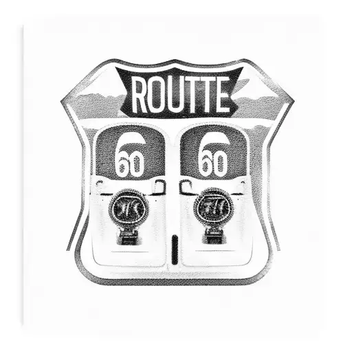 Route 66 sign with old time gas pump and a classic ford truck with a classic motorcycle tattoo design idea
