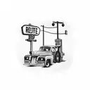 Route 66 sign with old time gas pump and a classic ford truck with a classic motorcycle tattoo design idea