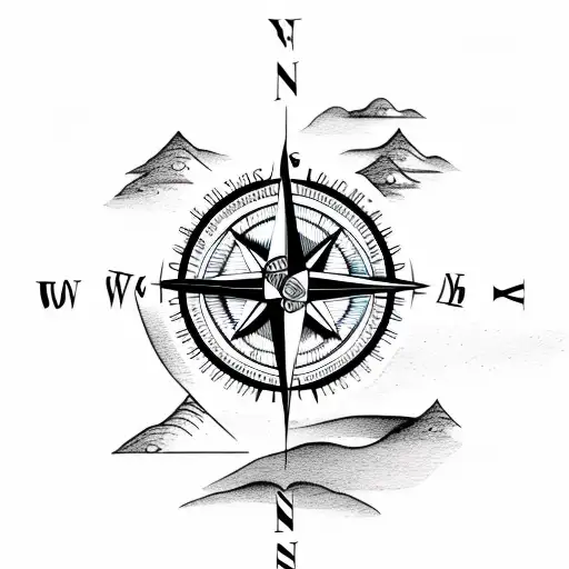 compass with mountains and ocean tattoo design idea