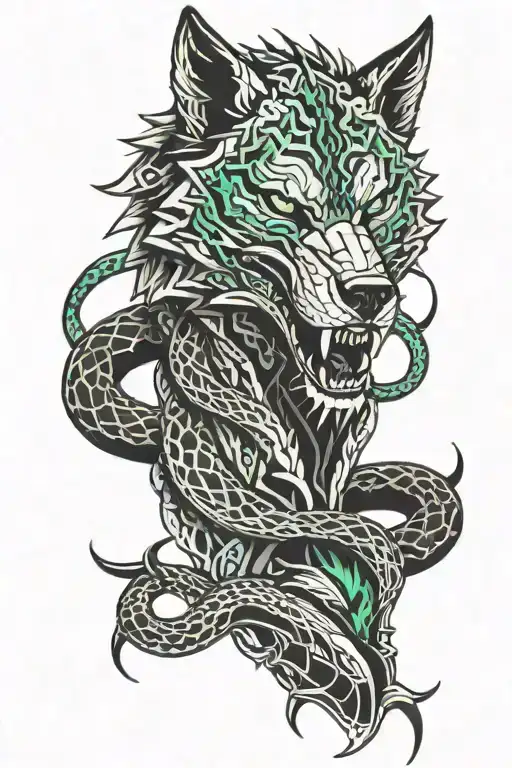 an angry wolf's head, snarling and looking ahead. A snake is coiled around its head. The snake's head on the left above  tattoo design idea