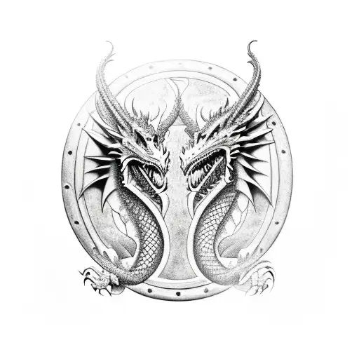 a dragon with two heads holding a shield and a ak47 gun tattoo design idea