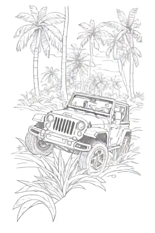 A detailed illustration of a Jeep Wrangler driving through a lush Hawaiian jungle tattoo design idea