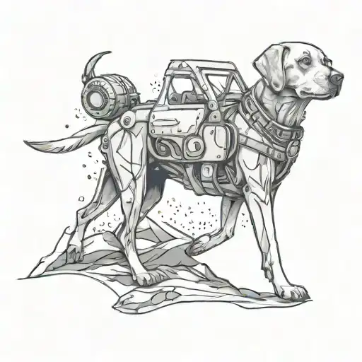 A futuristic fusion of a Labrador dog and a Jeep Wrangler exploring a radioactive wasteland tattoo design idea