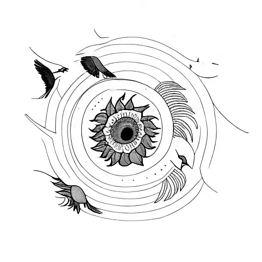 A whimsical scene of a sunflower transforming into a flock of birds soaring towards the sun tattoo design idea