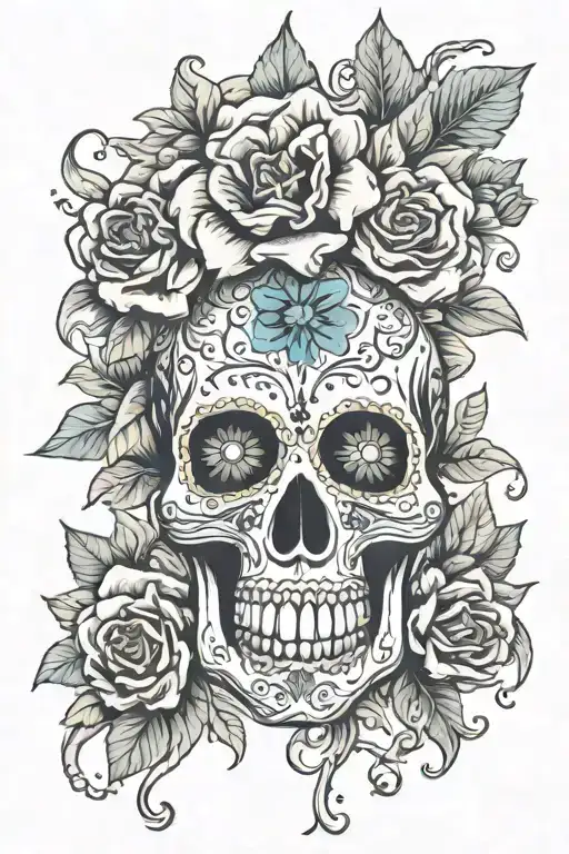 mexican skull with flowers tattoo design idea