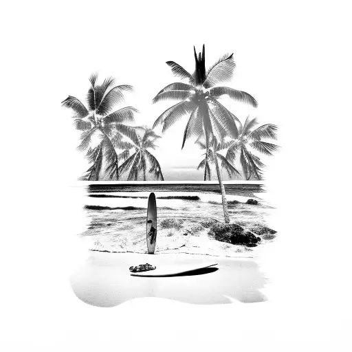 Tropical beach with palm trees and a surfboard tattoo design idea