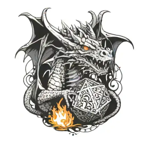 A dragon wrapped around a d20 dice, breathing fire in a dungeon setting tattoo design idea