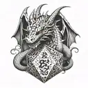 A dragon wrapped around a d20 dice, breathing fire in a dungeon setting tattoo design idea