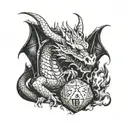 A dragon wrapped around a d20 dice, breathing fire in a dungeon setting tattoo design idea