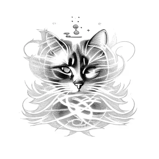 A mystical black cat surrounded by swirling smoke and occult symbols tattoo design idea