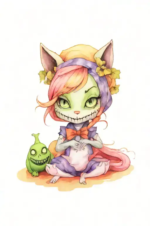 Alice in wonderland meets nightmare before Christmas. IncludeCheshire cat, oogie boogie, and alice tattoo design idea