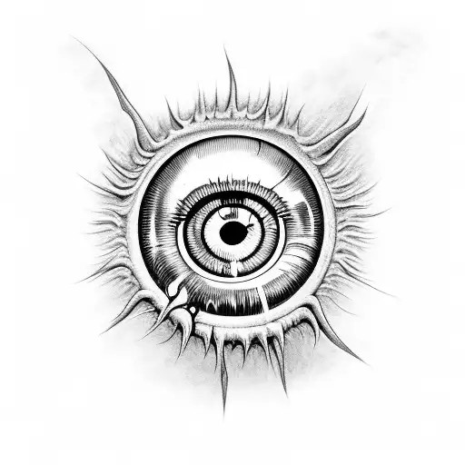 creepy dripping eyeball with teeth in pupil and tendrils coming from it tattoo design idea