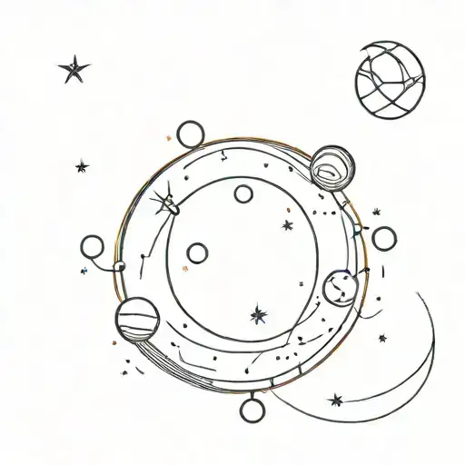 A minimalist tattoo of a crescent moon surrounded by a ring of tiny planets tattoo design idea