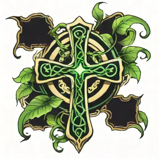 Celtic cross with vines around it luminous points tattoo design idea