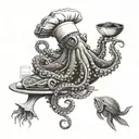An octopus chef preparing a feast with various ocean creatures in a fine dining setting tattoo design idea
