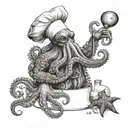 An octopus chef preparing a feast with various ocean creatures in a fine dining setting tattoo design idea