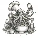 An octopus chef preparing a feast with various ocean creatures in a fine dining setting tattoo design idea