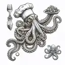 An octopus chef preparing a feast with various ocean creatures in a fine dining setting tattoo design idea