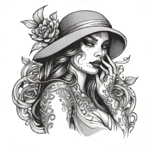 A seductive portrait of a mysterious femme fatale with a hidden stash of drugs, capturing the allure of forbidden desires tattoo design idea