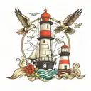 sea ​​ship lighthouse birds and feathers tattoo design idea