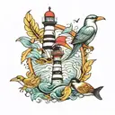 sea ​​ship lighthouse birds and feathers tattoo design idea