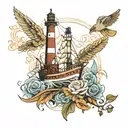 sea ​​ship lighthouse birds and feathers tattoo design idea