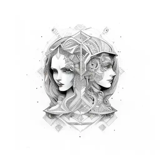 Gemini, two faces, fine line tattoo design idea