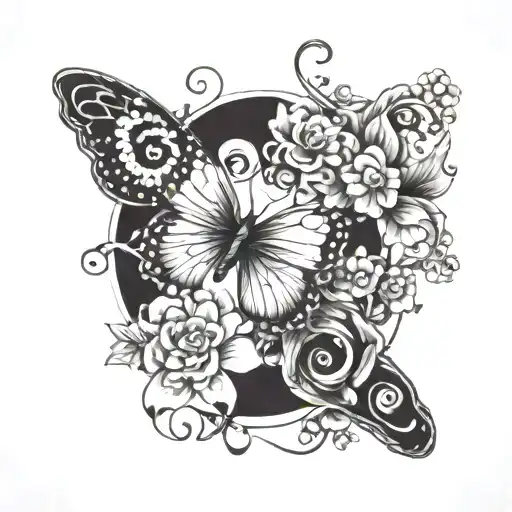 butterfly with half a wing of flowers and an infinity symbol in the middle  tattoo design idea